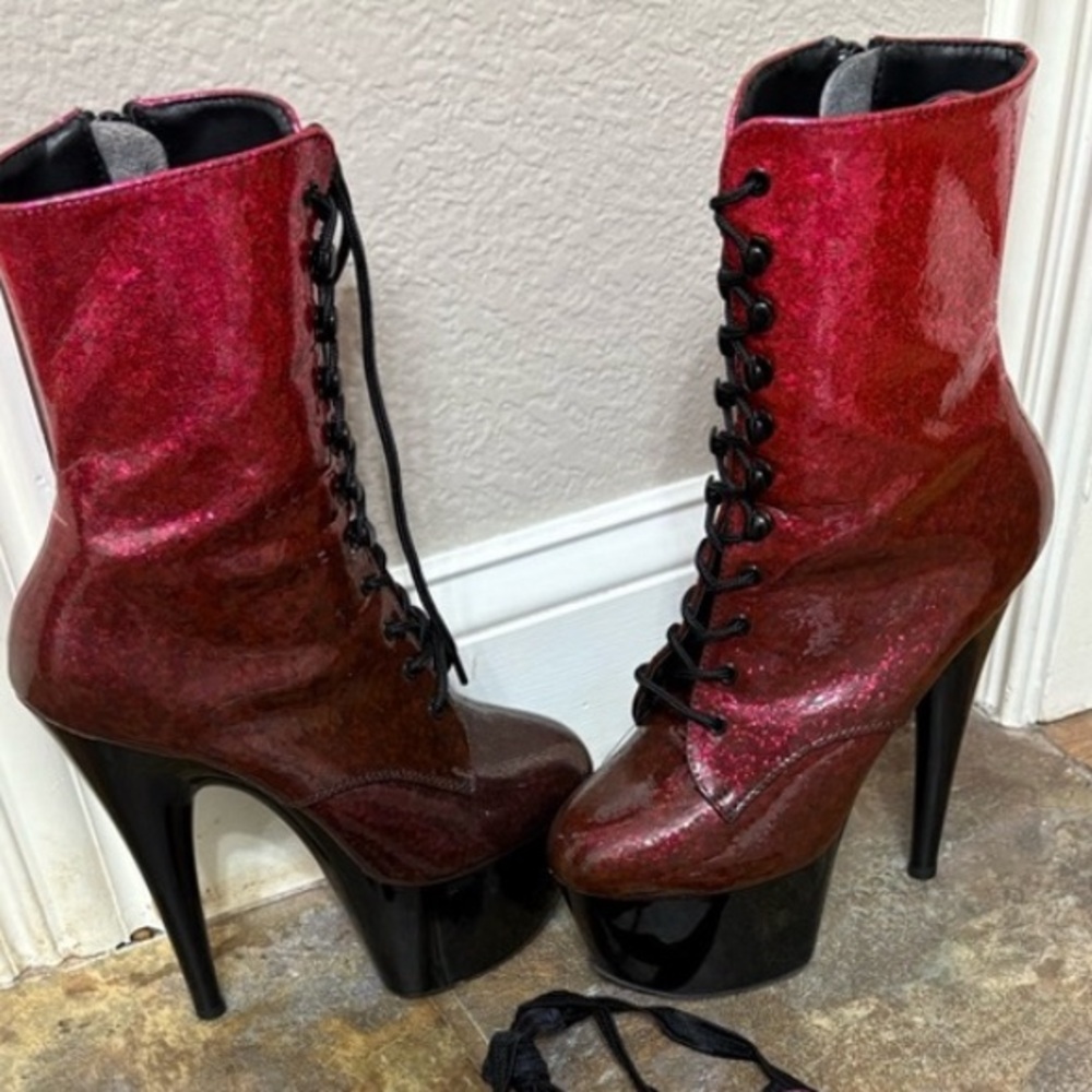 Red black Sparkle Pleaser Ombré Zip Up Boots